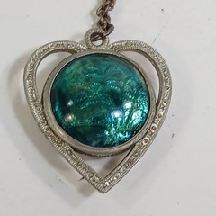 Vintage Double Sided Heart Bird Open Work Shiny Pendant Silver Tone Necklace