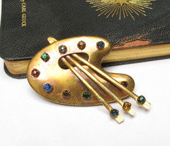 VTG Large ARTIST Palette Brushes BROOCH 1940s Brass RHINESTONE Paint Colors