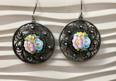Vintage Painted Enameled Earring Soviet Cupronickel Finift Hand Wrought Filigree