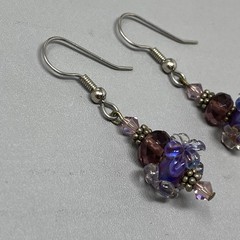Glass Beaded Dangle Drop Earrings Blue Purple Lampwork Murano Style Pierced 1.5″