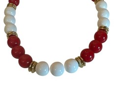 Vintage Red & White Beaded Necklace Gold-Tone Spacers 80s 90s Career Chunky