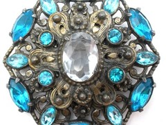 Large Round Blue Rhinestone Brooch Vintage Pin Prong Set Stones Jewelry