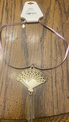 NWT Vintage Inspired VILLAGER 15” Open Fan Pendant Necklace Lavender Ribbon
