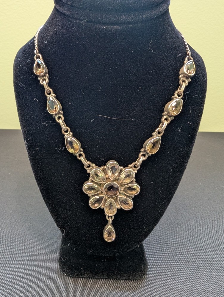 Vintage Sterling Silver Floral Cluster Gemstone Tear Drop Necklace 925