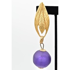 Vintage Chunky Leaf Clip On Earrings Brushed Gold Frosted Purple 80s 1980s BinBK
