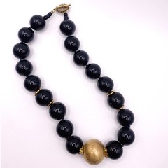 Vintage Black Onyx And Venetian Metal Golden Spheres Chunky Necklace 14”