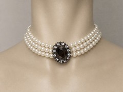 Vintage 3 Strand Faux Pearl Choker Necklace Smoky Rhinestone Gunmetal Clasp