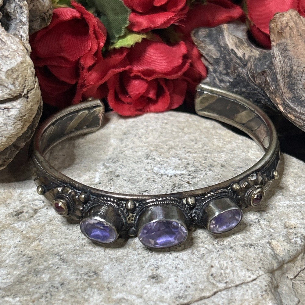 53. Vintage Nepal Mix Metal Triple Amethyst Garnet Cuff Bracelet 7″, 37g