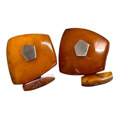 Old Amber Tie Clasp Clip Cufflinks Sterling Vtg Baltic Honey Stone Butterscotch