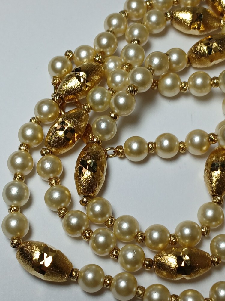 Vintage NAPIER Signed Faux Pearl Gold Tone Station Necklace Diamond Cut Beads
