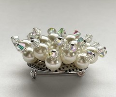Vintage Faux Pearls AB Beads Iridescent Round Domed Brooch Pin 1960s