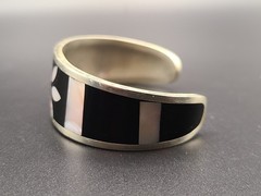 Alpaca Silver Black & Mother of Pearl Flower Inlay Cuff Bracelet