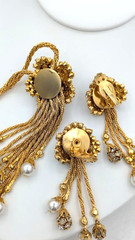 Vintage Rhinestone Tassel Necklace Earrings Set Glass Pearl Dangle (READ)