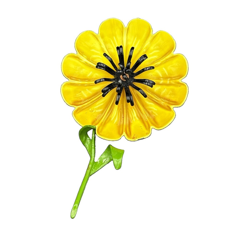 Vintage 3D Enamel Metal Flower Brooch Pin Yellow Daisy Black Center With Stem