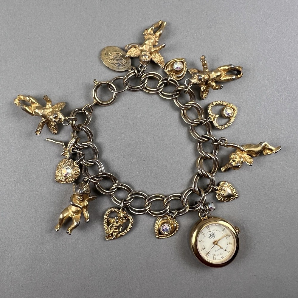 Vintage Kirks Folly Charm Bracelet Watch Angels Hearts Works! AS IS q3z