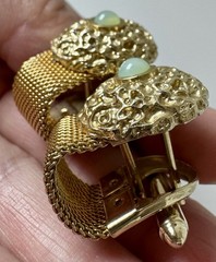 Vintage Gold Tone Mesh Wrap T-Bar Cufflinks Round Top Blue Cabochon #1705