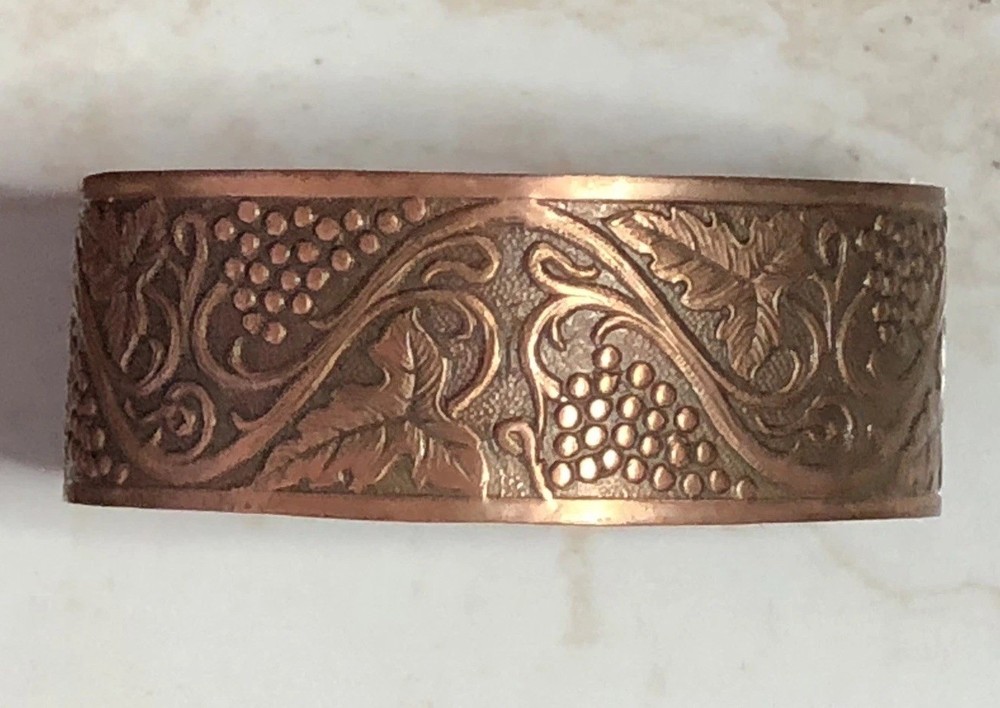 Art Nouveau Style Vintage Solid Copper Cuff Bracelet With Grapes & Leaves Design