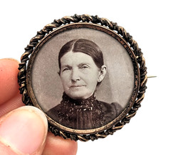 Antique VTG Mourning Brooch Colorized Photo Older Woman Portrait C Clasp Pin