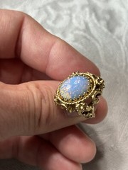 Vintage 18K Signed H.G.E. Victorian Style Faux Fire Opal Solitaire Band Ring 7