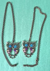 Pair of OWL Pendants W/Colorful Rhinestones Necklaces In Bronze Tone