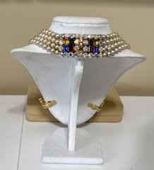 VTG De Liguoro Italy Faux Pearl Multi Strand Rhinestone Clasp Necklace, Earrings