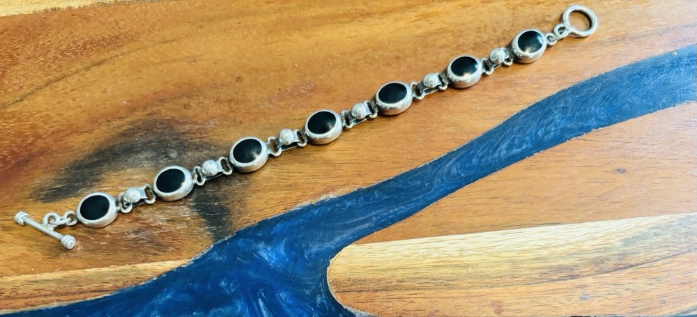 Vintage Sterling Silver and Black Onyx Cobone Bracelet 7.5 25gm