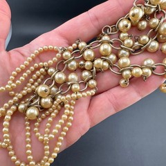 Vintage Faux Pearl Fringe Chain Necklace Gold Tone Beaded Dangle Charm Old Clasp