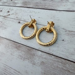 Vintage Earrings for Pierced Ears Blue & Gold Tone Circle Dangle