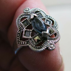 Sterling Silver Ring Blue CZ & Marcasite 2.7g Size 7 [6075]