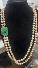 Vintage Unsigned Marvella? Glass Faux Pearl Faux Jade Flower Necklace 24”