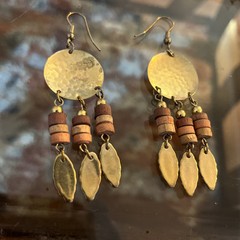 Vintage Dangle Drop Earrings Metal & Wood Beads Feather Boho Gold And Brown