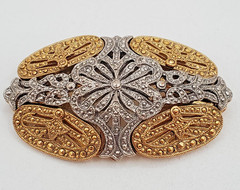 VTG Art Deco Style Brooch 2.5in Two Tone Filigree Domed Openwork Heavy 3D Estate