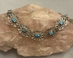 Vintage Egyptian Revival Turquoise Scarab Silver Filigree Bracelet/Earrings Set