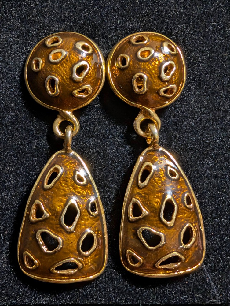 Vintage Edgar Berebi 1980s Gold Tone Amber Resin Enamel Cutout Drop Earrings