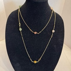 Vintage Gold Tone Wire Caged Gemstone Station Necklace 50″ Long MCM Jewelry