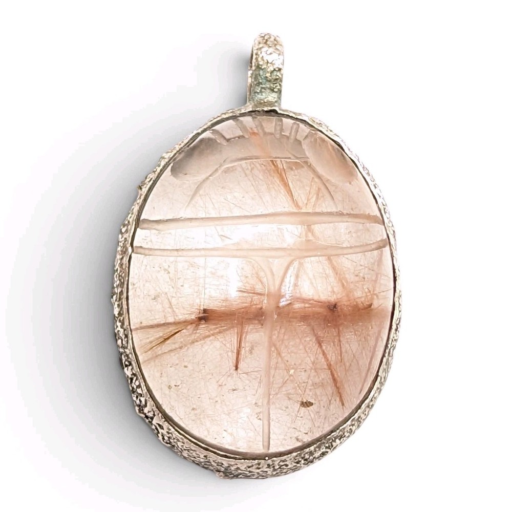 Sterling Silver Rutilated Quartz Carved Scarab Beetle Egyptian Revival Pendant