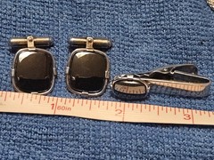 Vintage DECO Cufflinks & Tie Bar Clip Sterling Silver BLACK HEMITITE STONE