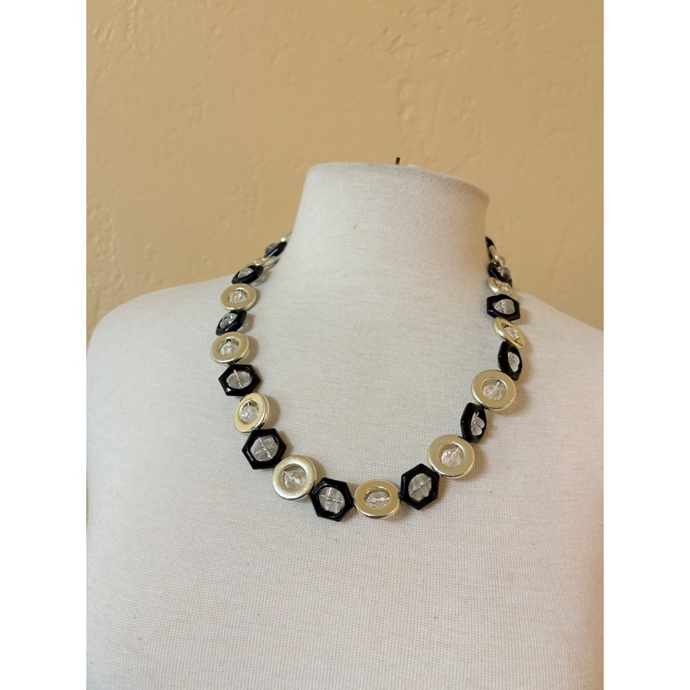 Vintage Geometric Black Gold Turquoise Hexagon Round Necklace 22″