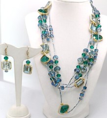 SAACHI Shades Blue & Green Glass Stone Rhinestone 80″ Long Necklace Earring Set