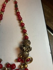 Vintage Roxsann Beaded Red Brass Flowers And Heart Pendant Necklace Chunky