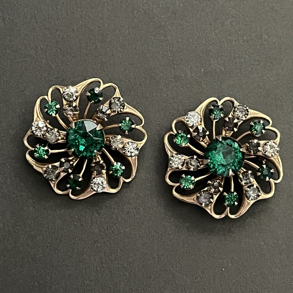Vintage Set Of 2 Green Colorless Rhinestone Prong Gold Tone Scatter Pins