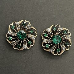 Vintage Set Of 2 Green Colorless Rhinestone Prong Gold Tone Scatter Pins