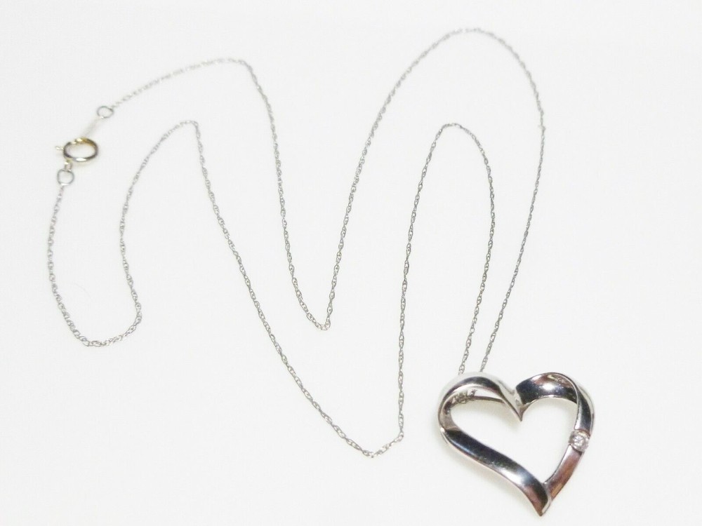 10K WHITE GOLD .05CT DIAMOND HEART DESIGNER FD PENDANT CHAIN NECKLACE 20″