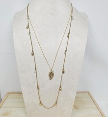 Vintage Gold Toned Layered Leaf Charm Necklace with Mint Beads Boho Style