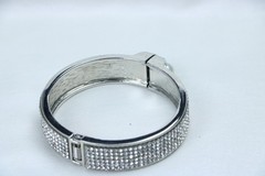Silver Rhinestone Cuff Bracelet Faux Pearl Accent Hinged Statement Bangle