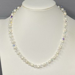 Crystal Glass and Genuine Pearl Beaded Necklace Bracelet Set AB Sterling Clasp