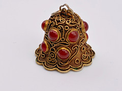 Antique Gold Vermeil Filigree Sterling Silver Carnelian Cabochon Bell Pendant