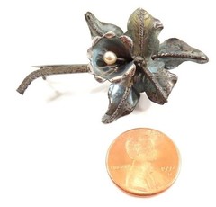 VTG Sterling Silver Orchid Flower Brooch 2in Faux Pearl Center Patina Estate