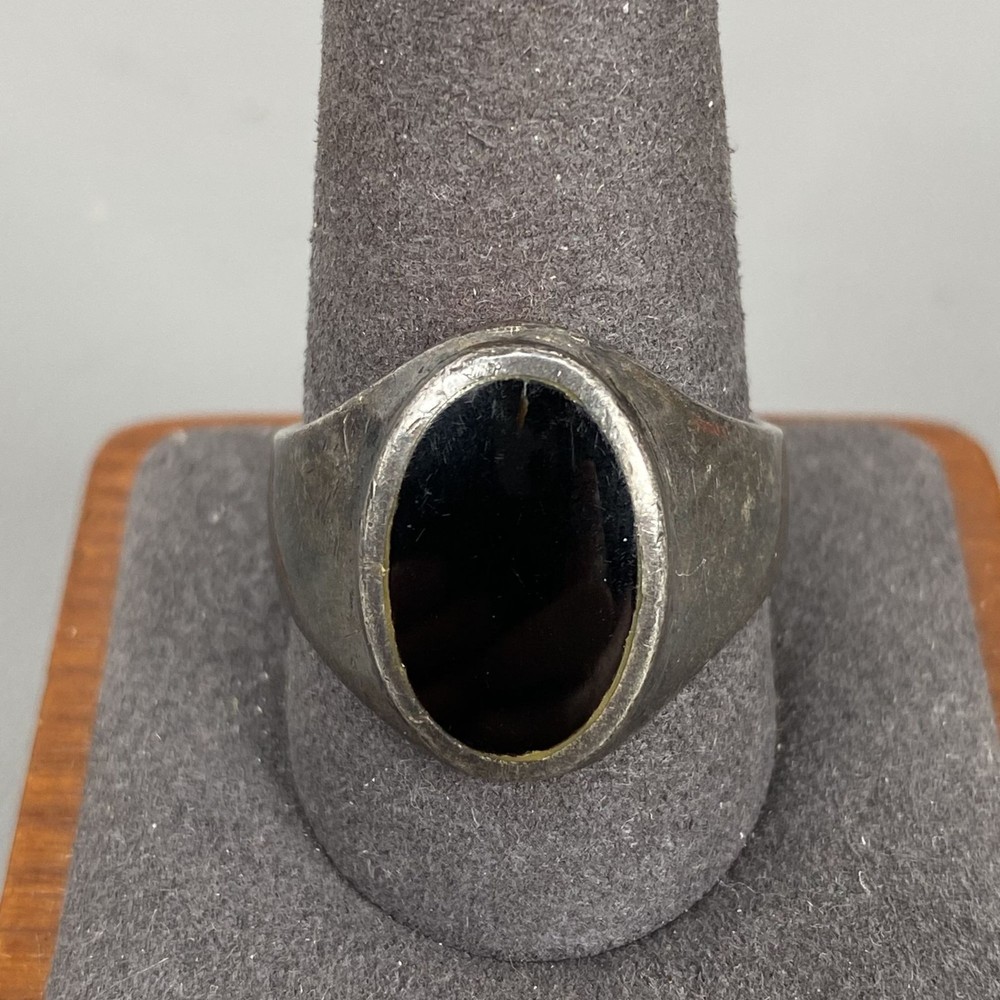Vintage Sterling Silver Mens Statement Ring W/ Black Onyx Oval Stone Size 11.25