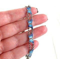 .925 Sterling Silver Butterfly Bracelet Blue Enameled Vintage Chain Link 7.75″